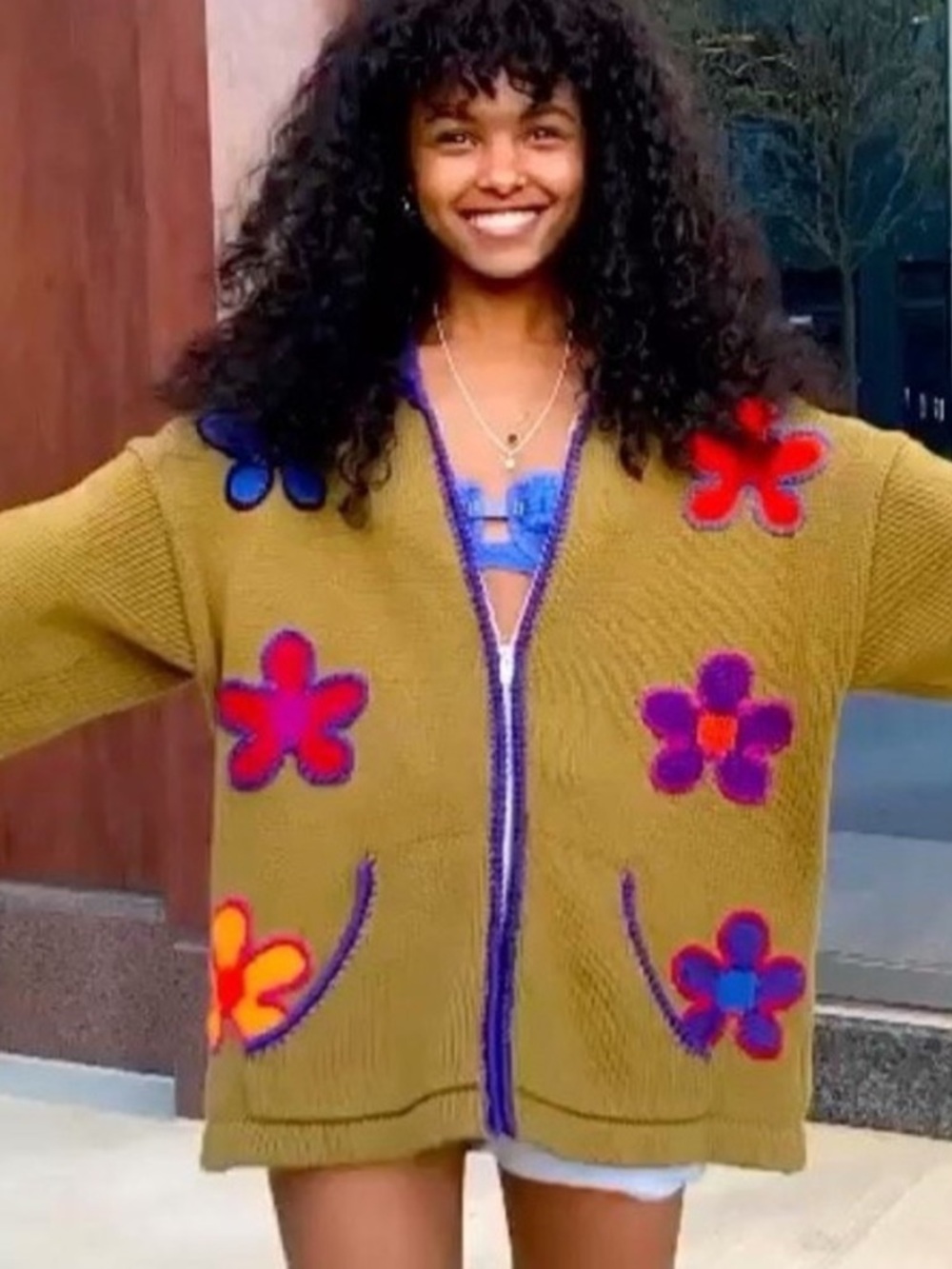 UNIF flower power retro 70s quirky groovy chunky knit zip up cardigan sweater S